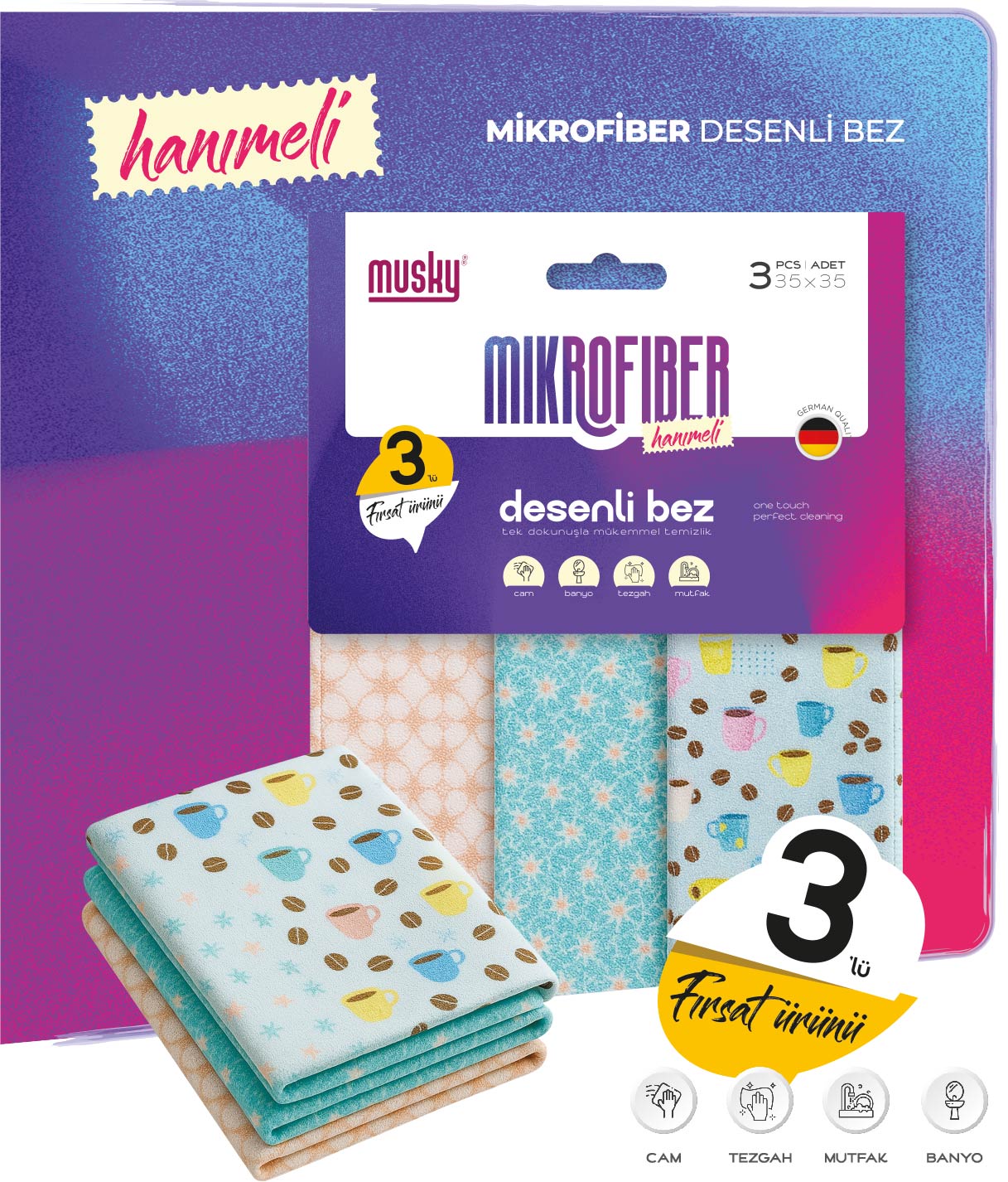 3'lü Desenli Mikrofiber Bez 35*35cm Hanımeli