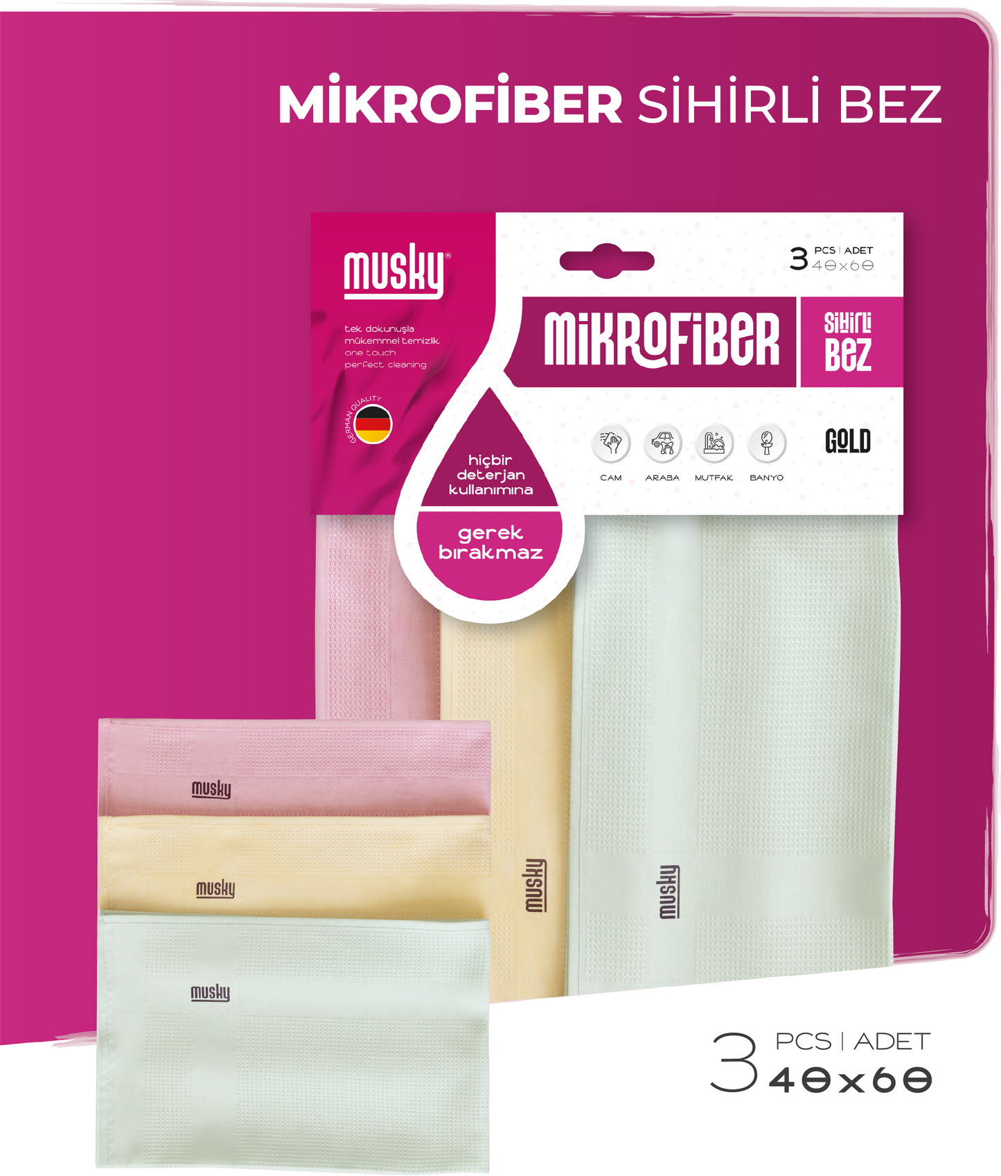 3'lü Sihirli Bez Cam Bezi 40*60cm Gold