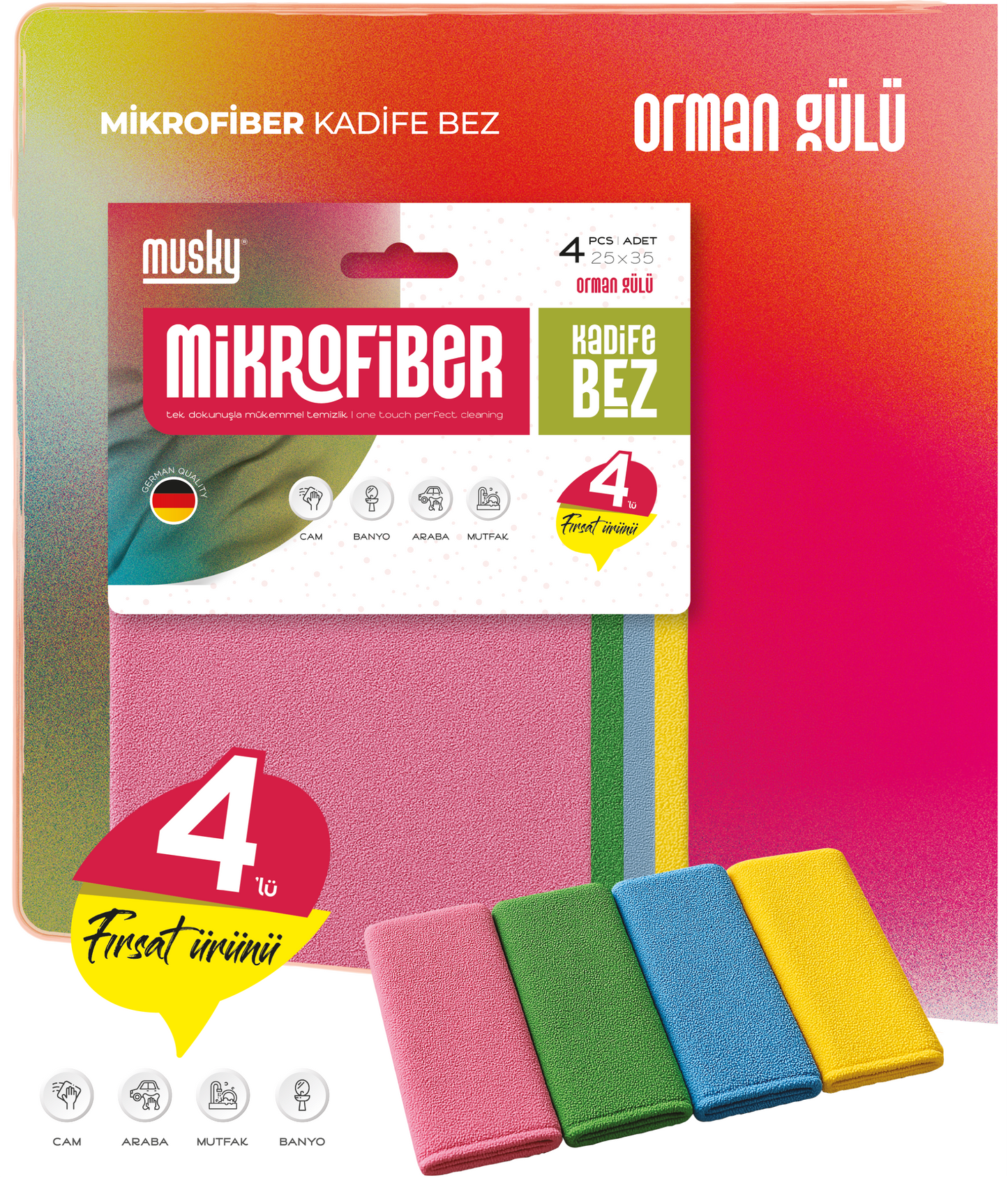 4'lü Cam & Kurulama Bezi 25*35 Orman Gülü